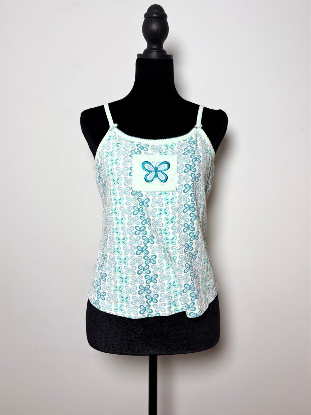 Vtg Y2K Pale Blue Allover Butterfly Print Cami Tank Bow Details Coquette Size M